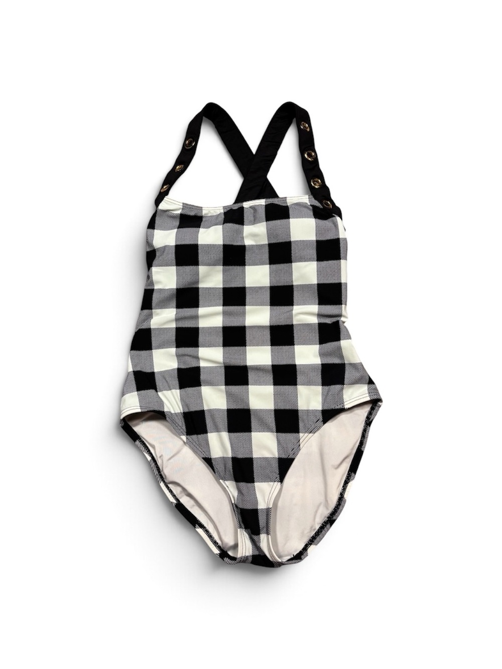 La Blanca Black & White Gingham Checkered One-Piece Swimsuit Cross Straps Gold